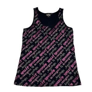 Harley Davidson Womens XL Black Pink Rhinestone Spell Out Tank Top Y2K